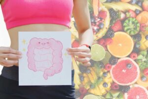 Frutta e busto ragazza con immagine intestino
